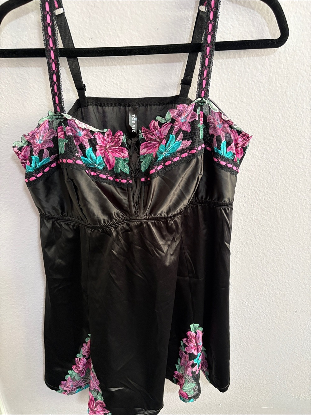 torrid Black Satin Slip Dress with Pink & Teal Floral Embroidery